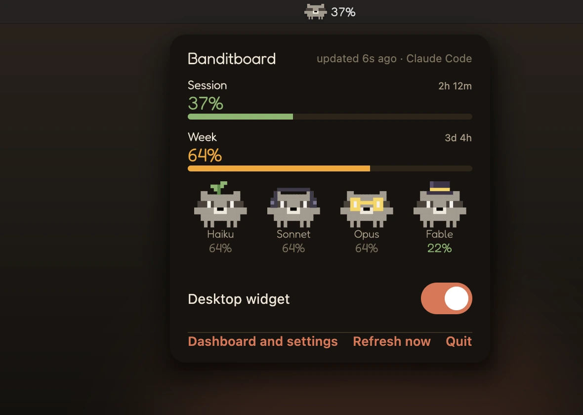 Racco in the Mac menu bar, with the small panel open
